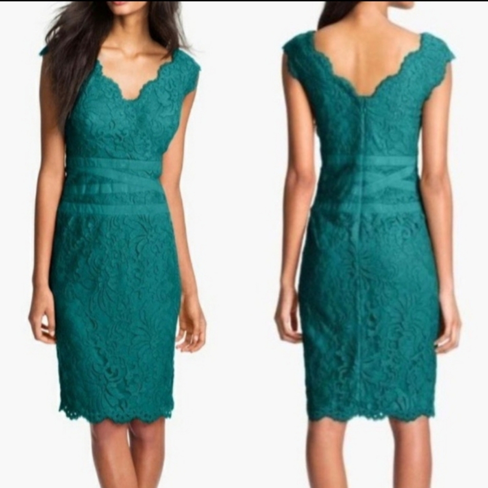 Tadashi Shoji Women Teal Embroidered Lace V-Neck Dress sz 12